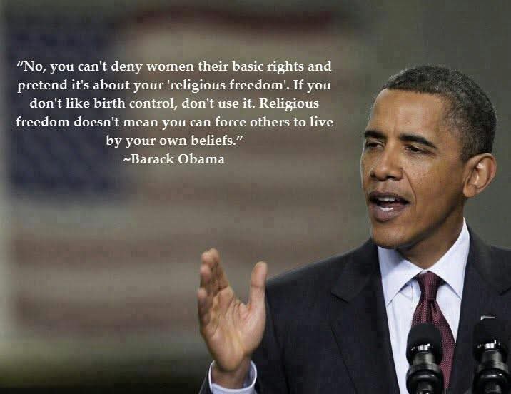 A photo of Barack Obama speaking at a podium with microphones, gesturing with his right hand. Overlaid white text quotes him…