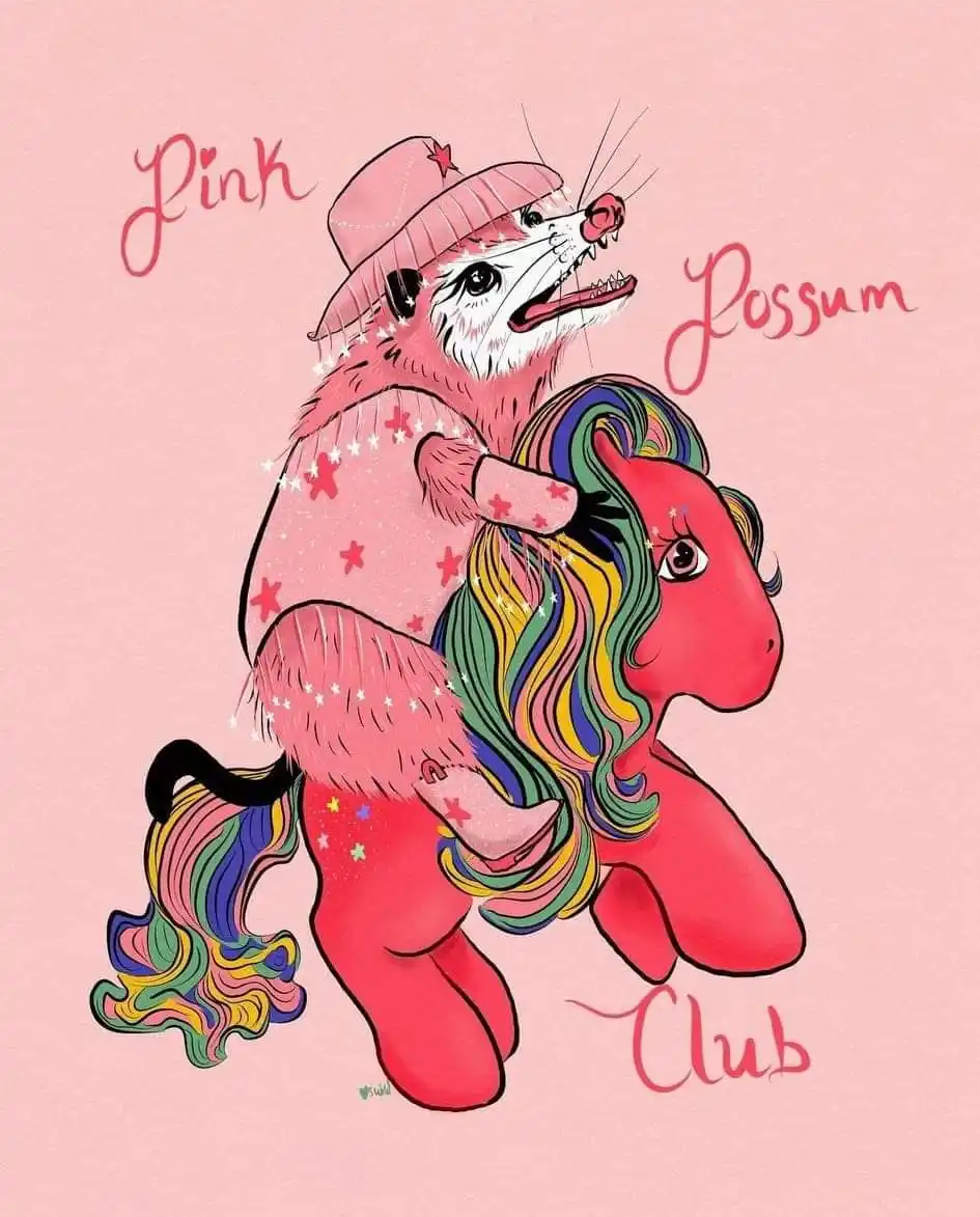A stylized pink possum wearing a pink cowboy hat with a red star, riding a pink pony with a rainbow mane and tail. The…