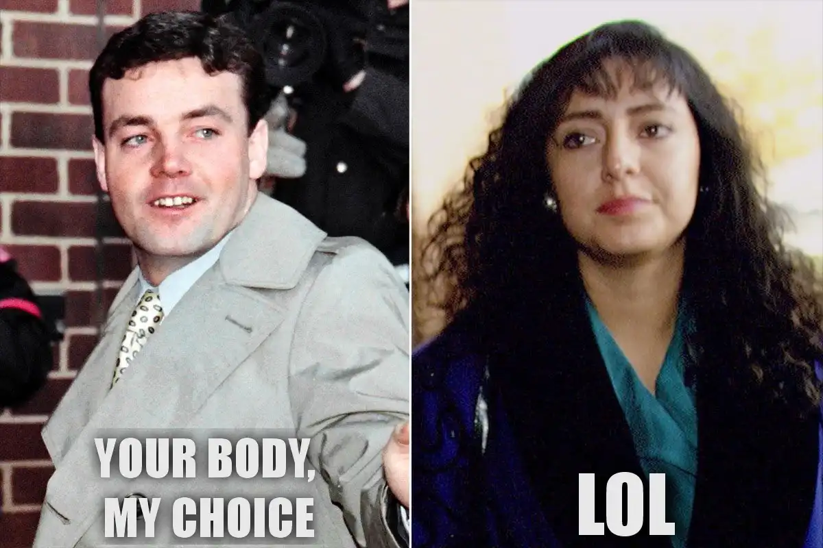 The image is a split-screen meme featuring two people. On the left, a smiling man in a light-colored suit and patterned tie…