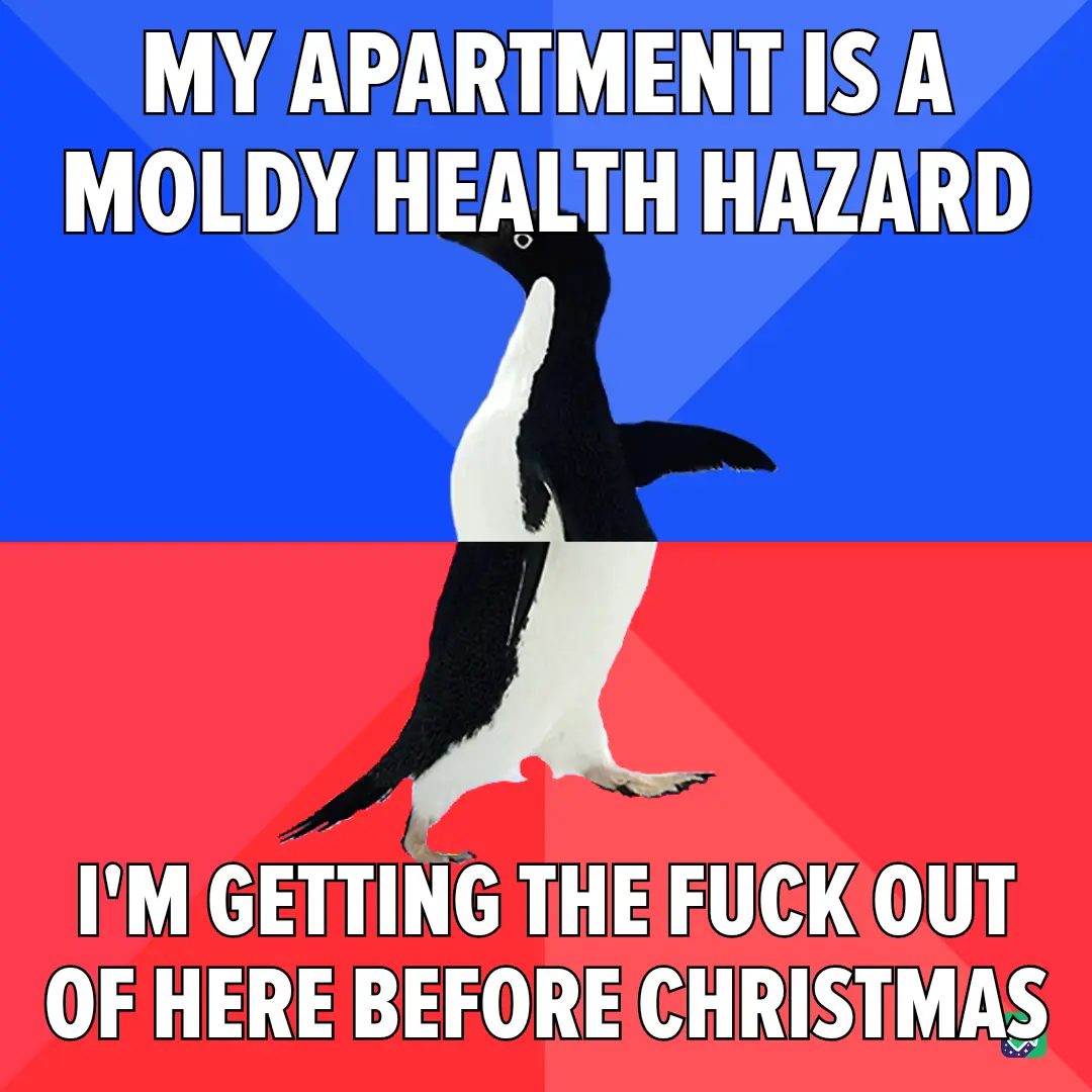 A penguin stands centered against a split blue and red background, with bold white text above stating 'MY APARTMENT IS A…