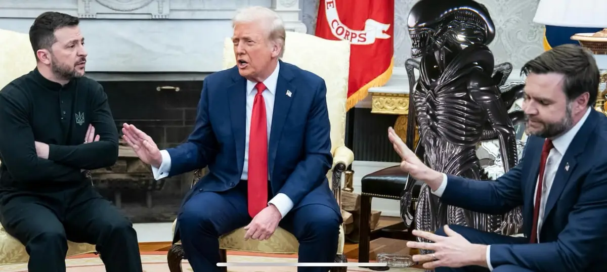 A digitally altered image shows three men in a formal room: on the left, a man in a black shirt with a Ukrainian emblem; in…