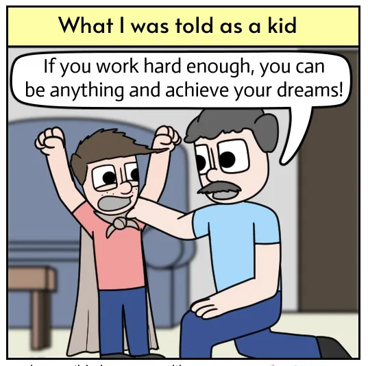 A cartoon depicts an adult kneeling and enthusiastically telling a child, who is wearing a cape and raising their fists in…