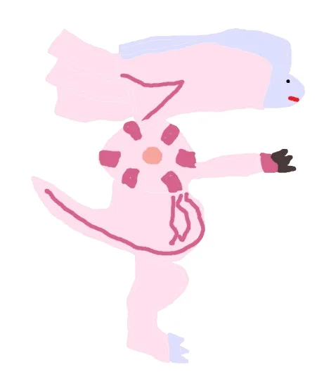 A crudely drawn pink cartoon creature with a fish-like head, wings, and a tail, standing on one leg and pointing with its…