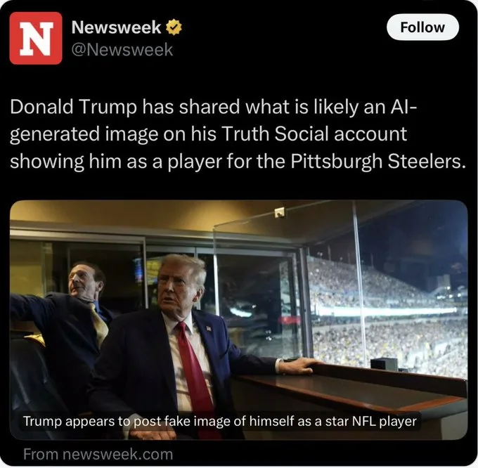A screenshot of a Newsweek tweet shows Donald Trump seated in a stadium press box, with a caption below the image stating…