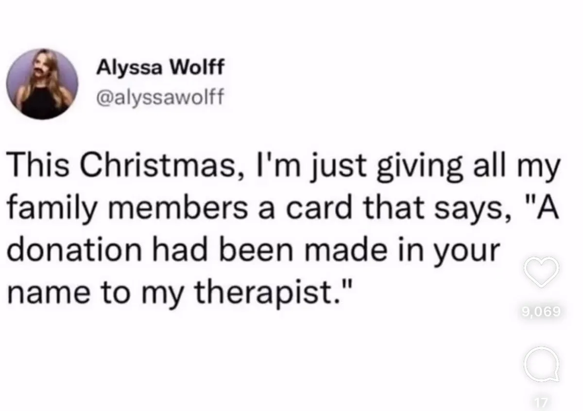 A screenshot of a tweet by Alyssa Wolff (@alyssawolff) showing her humorous plan to give Christmas cards to family members…