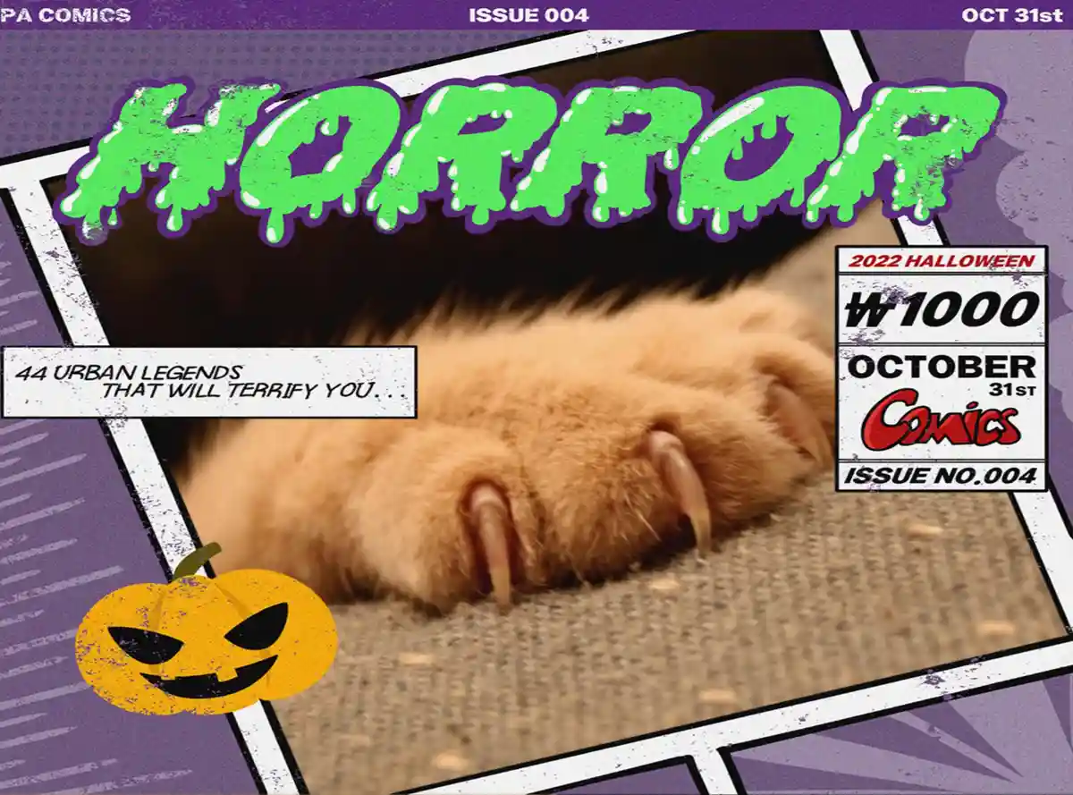 The image is a Halloween-themed comic book cover parody, featuring a close-up of a cat's paw with long claws resting on…