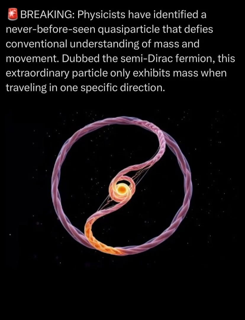 An image of a glowing, twisted, yin-yang-like particle structure against a starry black background, overlaid with a fake…