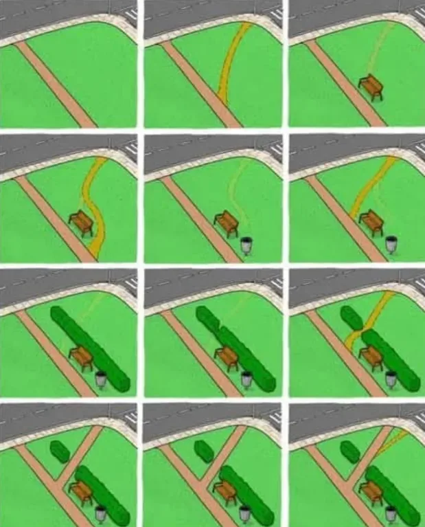 A nine-panel grid shows a park bench gradually being obscured by bushes as a yellow line traces the path of its…