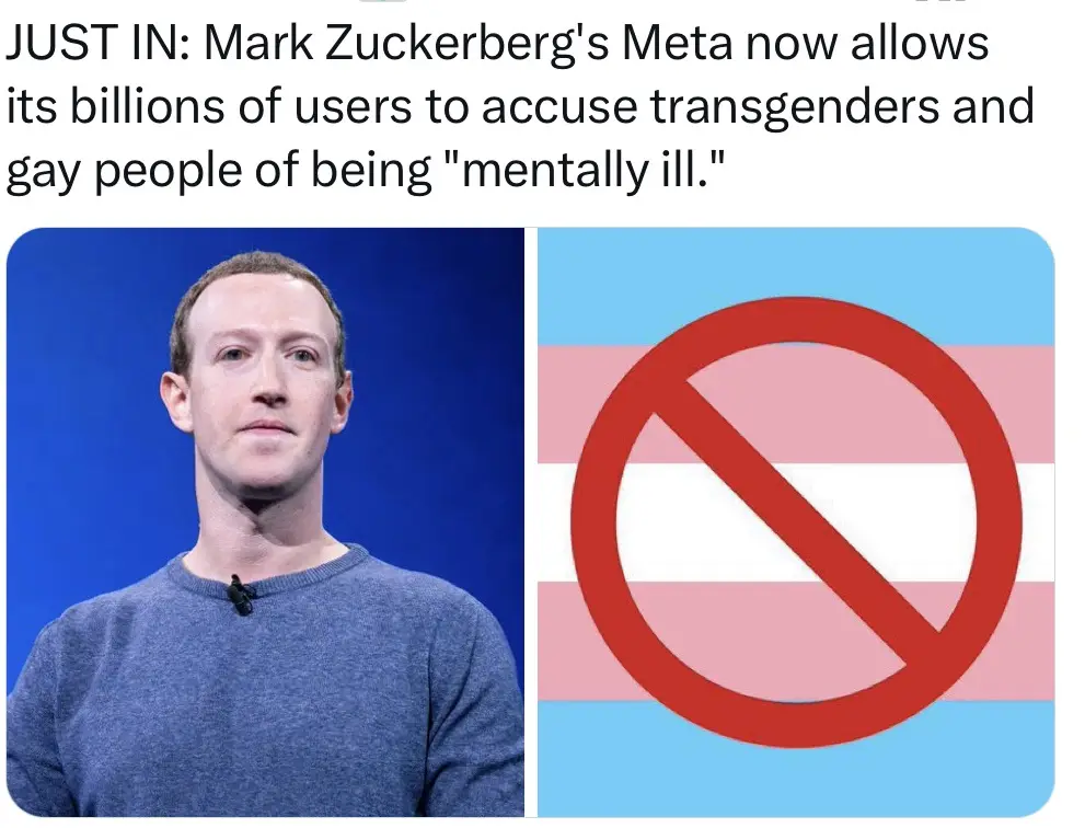 The image shows a split-screen: on the left, Mark Zuckerberg in a blue sweater against a blue background, and on the right…