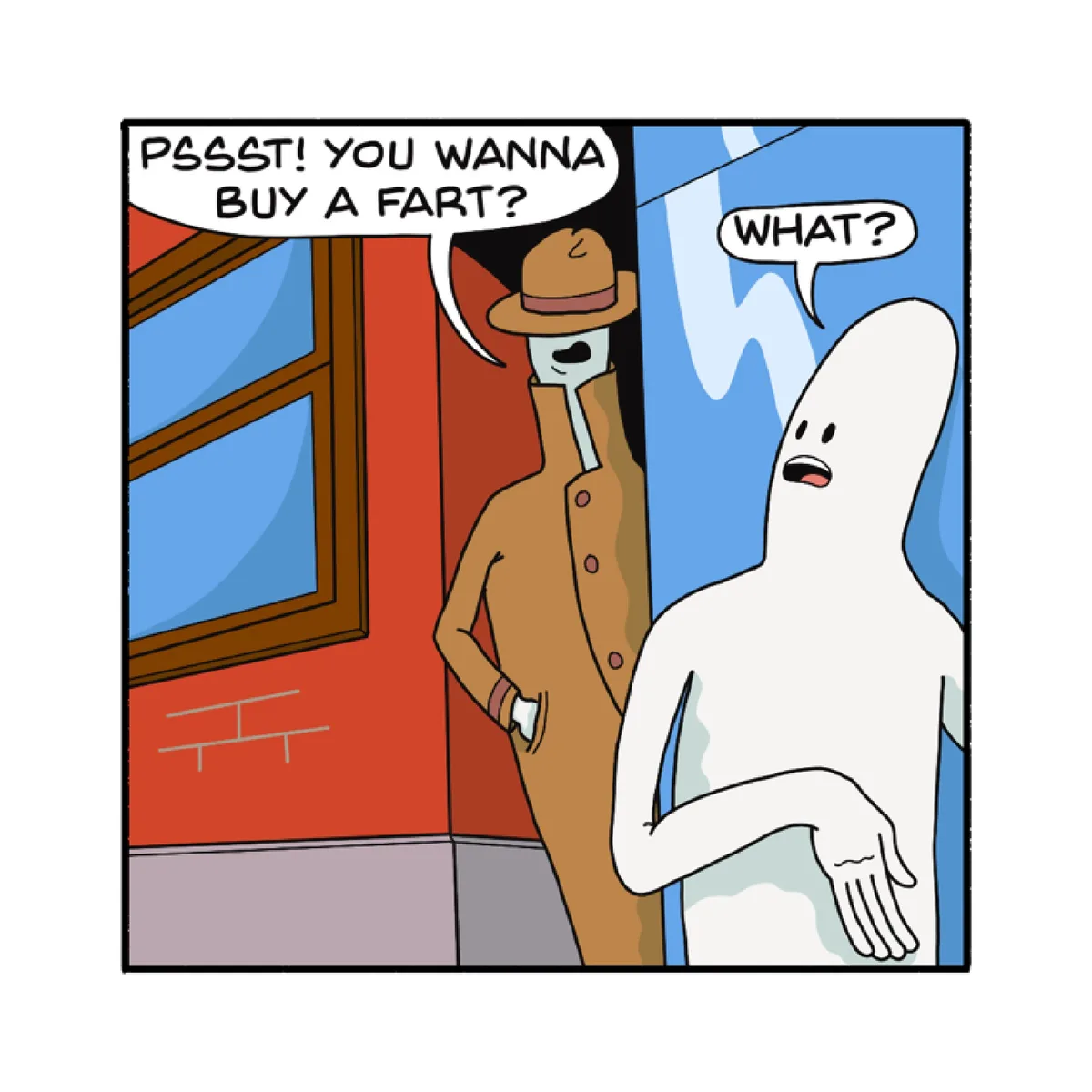A cartoon depicts a tall, slender man in a brown trench coat and fedora peeking from behind a red door, whispering 'PSSST!…