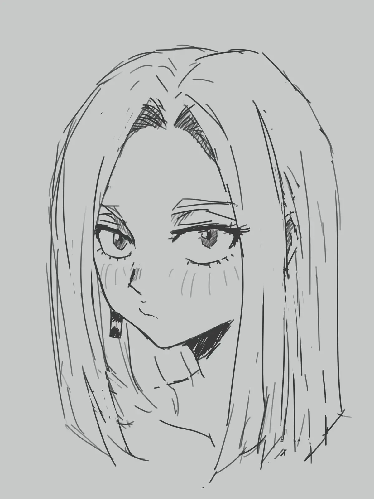 A black-and-white sketch of an anime-style female character with long hair, looking slightly downward with a subtle…