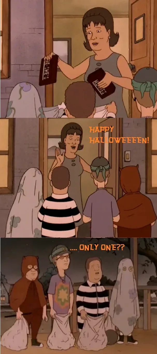 Three panels from the animated show 'King of the Hill' show a woman handing out candy to trick-or-treaters, then greeting…