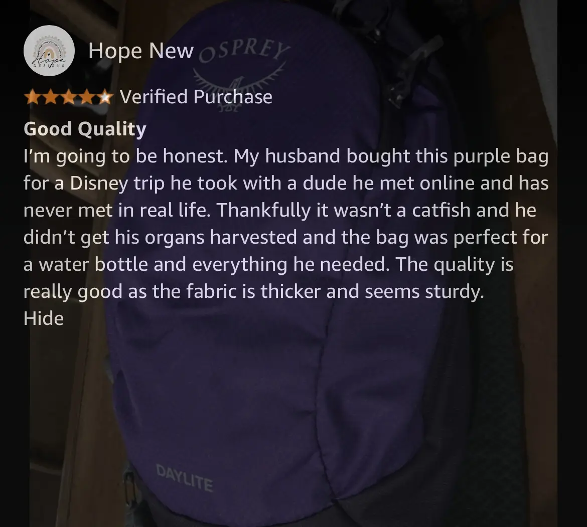 A product review screenshot shows a purple Osprey Daylite backpack with overlaid text from a 'Verified Purchase' by 'Hope…