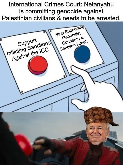 A meme image shows a cartoon hand pointing at a blue button labeled 'Stop Supporting Genocide; Condemn & Sanction Israel.'…