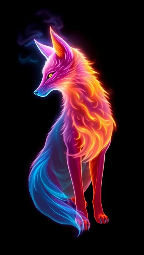 A stylized, glowing fox with a gradient of fiery orange and yellow on its back and head, transitioning to electric blue on…