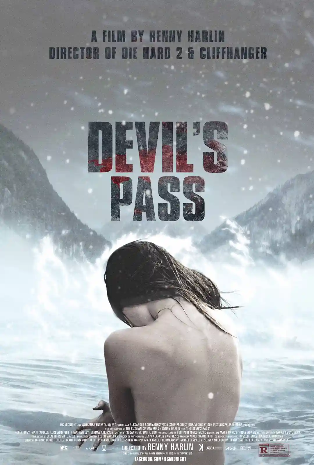 The image is a movie poster for 'Devil's Pass,' showing a woman from behind, naked and sitting in snow-covered water with…