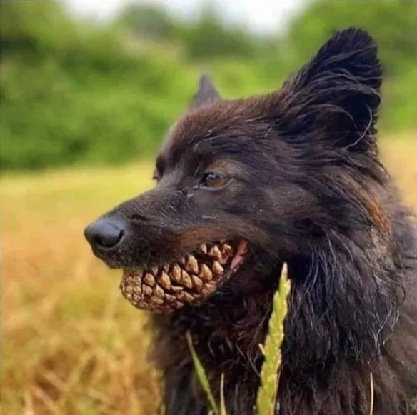 A black dog with shaggy fur is outdoors in a grassy field, holding a pinecone firmly in its mouth. The dog's head is turned…