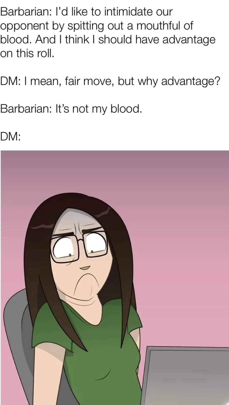 The image shows a cartoon woman with glasses, long dark hair, and a green shirt, looking horrified and confused while…