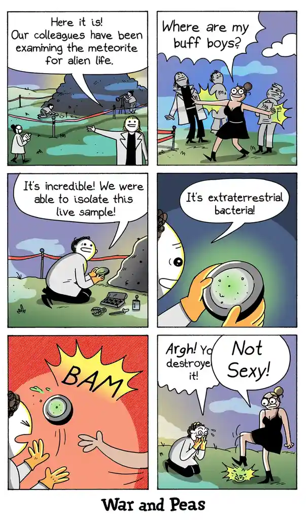 A six-panel comic strip from 'War and Peas' depicts scientists examining a meteorite. One scientist excitedly announces…
