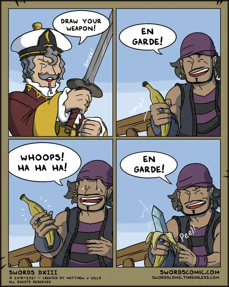 A four-panel comic strip shows a pirate captain demanding a duel, only for the pirate to respond by drawing a banana as a…