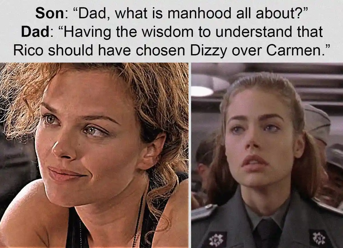 The image displays two side-by-side stills from the movie 'Top Gun'. The left panel shows a woman with curly hair looking…