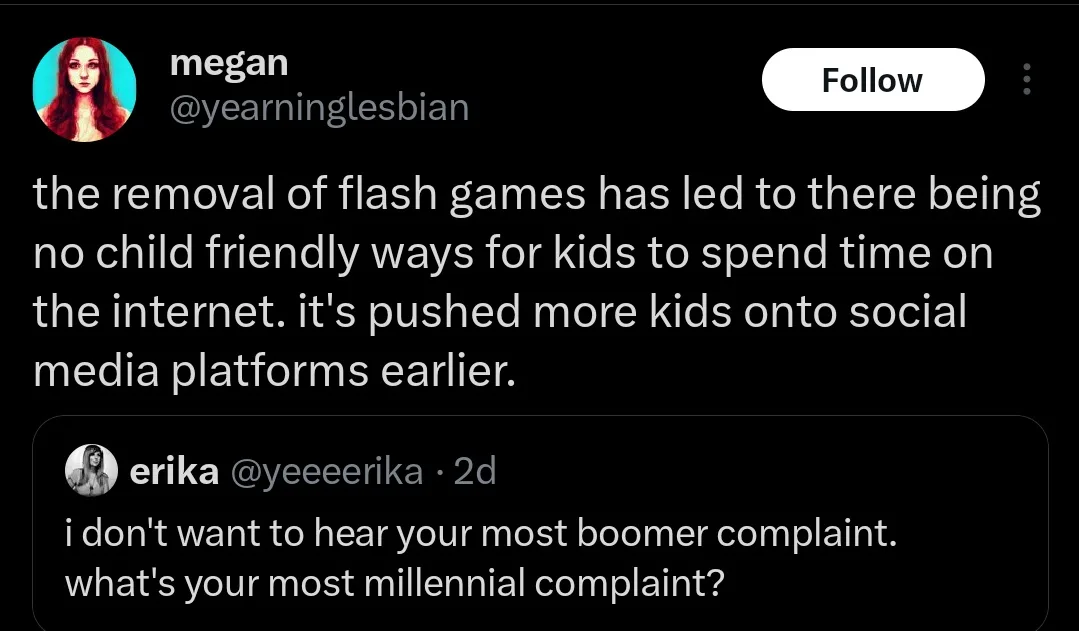 A screenshot of a Twitter thread shows user 'megan' complaining that removing Flash games has pushed kids onto social media…