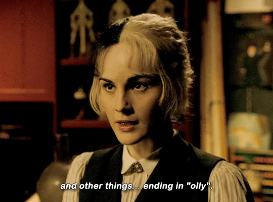 A six-panel image collage shows actress Michelle Dockery in a scene from 'Downton Abbey,' wearing a period costume with a…