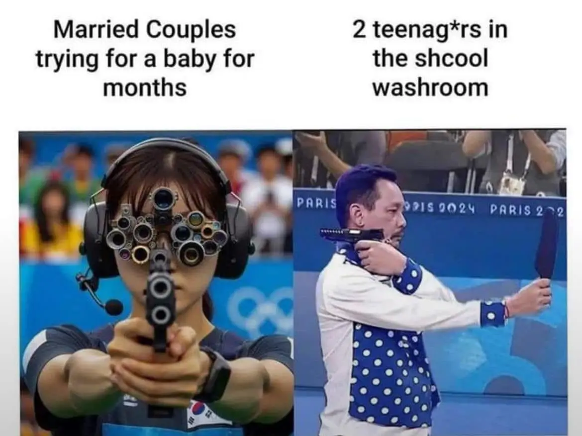 The image is split into two panels. Left: A female Olympic pistol shooter with multiple camera lenses over her eyes, aiming…