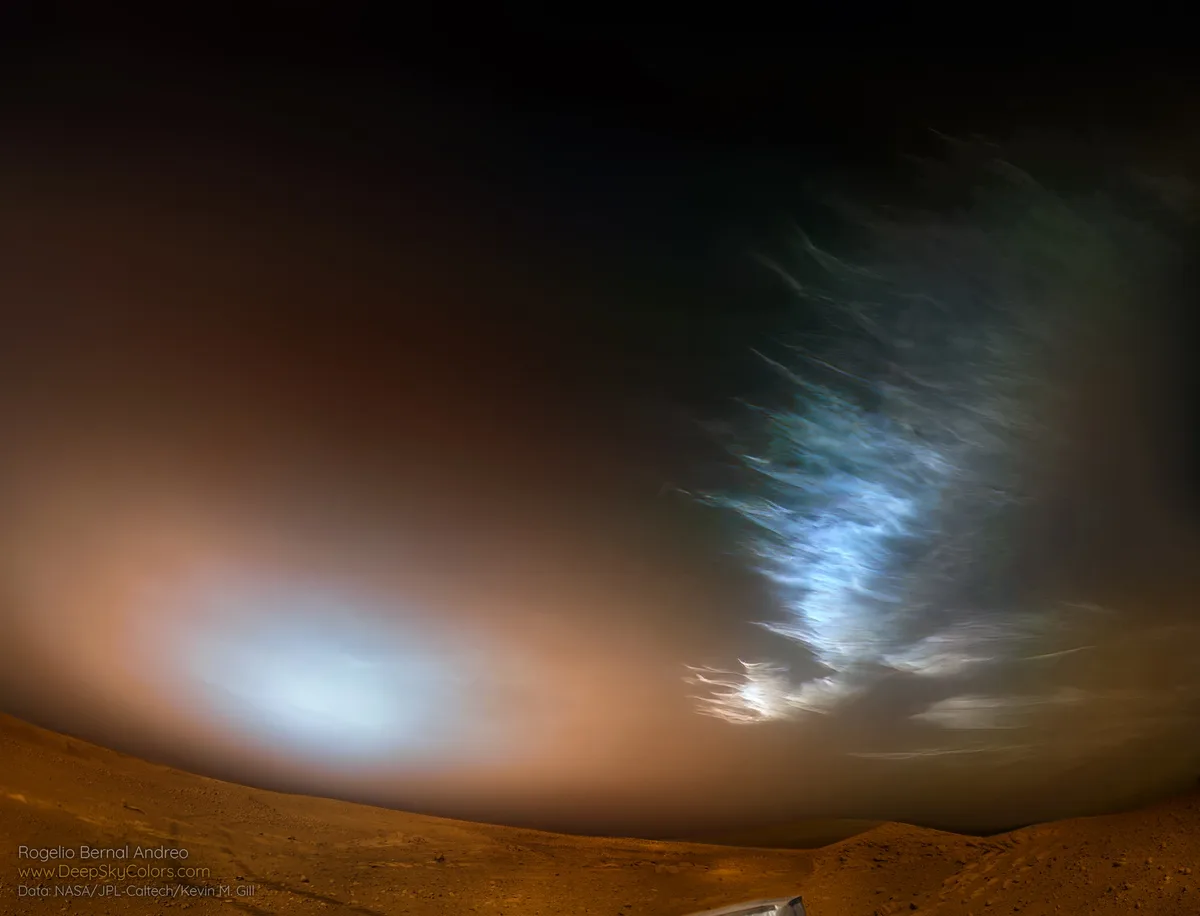 A fisheye lens captures a surreal Martian sky with swirling blue and white clouds against a rusty orange horizon, overlaid…