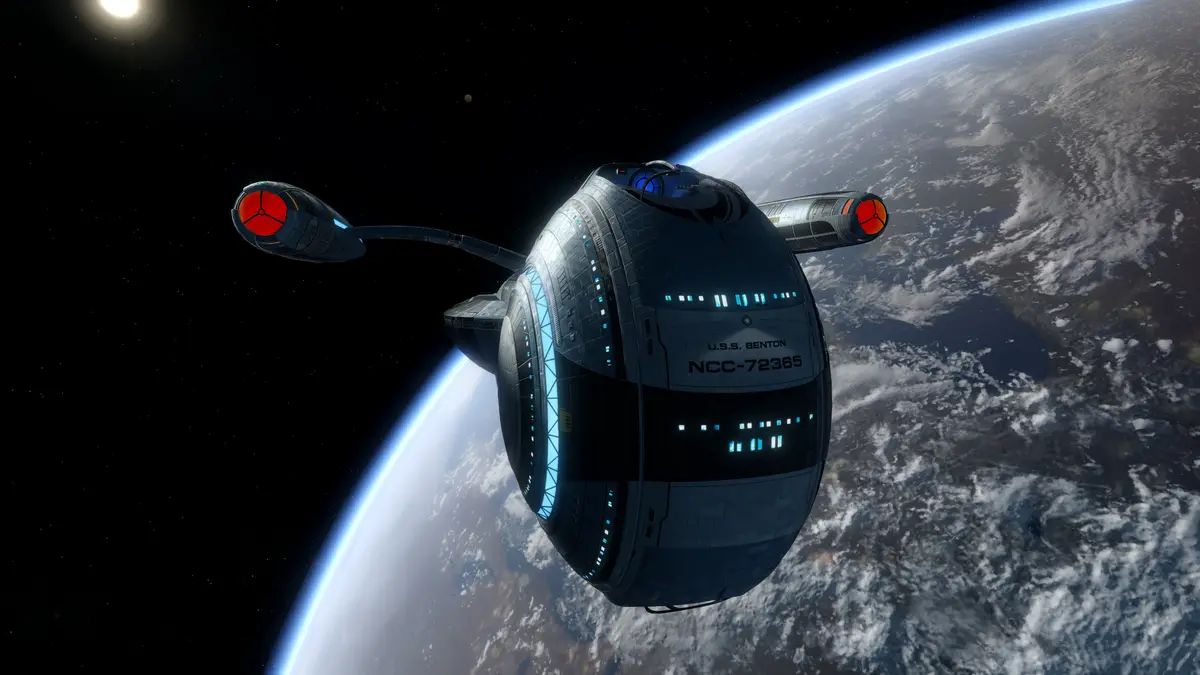 A starship with the name 'U.S.S. BENTON' and registry 'NCC-72365' is shown orbiting a planet, with a sun visible in the…