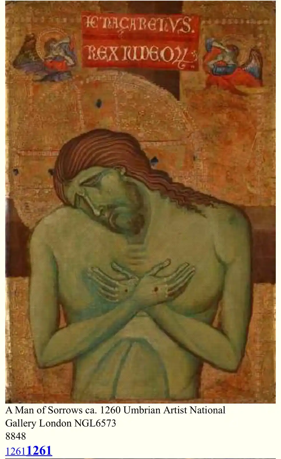 An ancient religious painting depicts a green-skinned, sorrowful man with long brown hair, hands clasped over his chest, and…