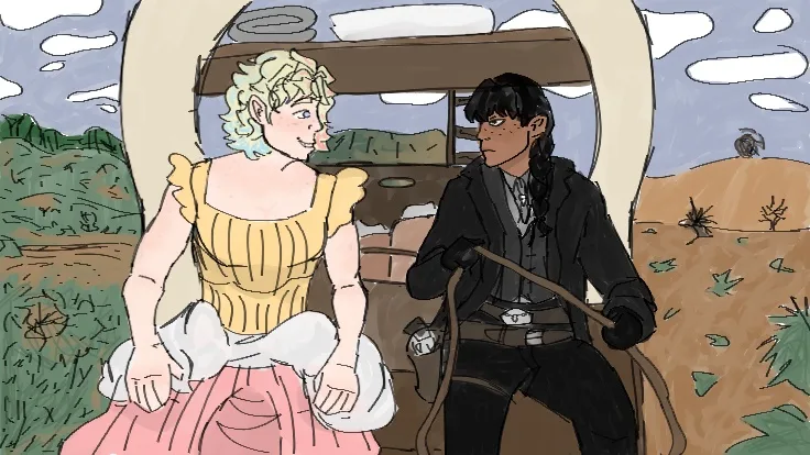 Two people sit in a covered wagon in a desert-like landscape; one wears a yellow dress and pink skirt, the other wears dark…