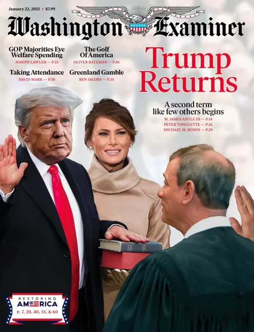 A digitally altered Washington Examiner magazine cover dated January 22, 2025, shows Donald Trump raising his right hand as…