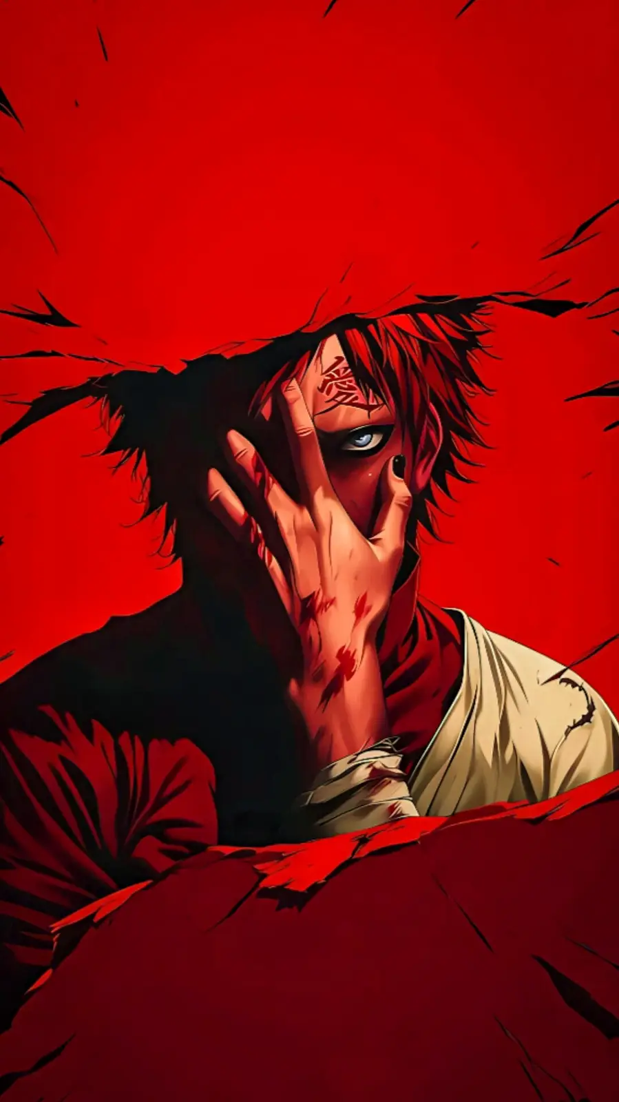 An anime character with red hair and a visible kanji tattoo on his forehead covers half his face with his hand, which has…