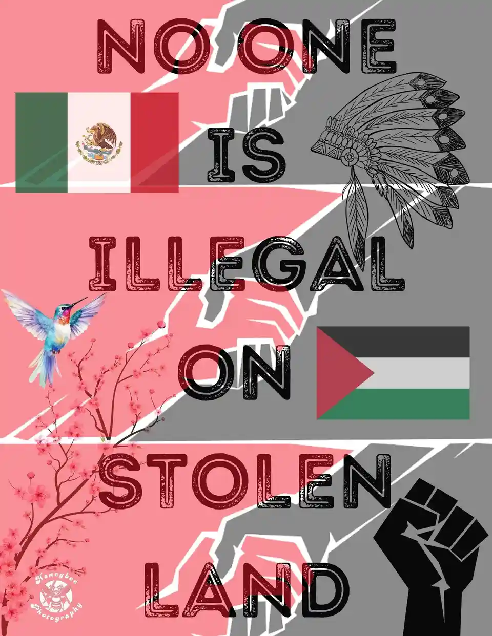 A graphic collage features the Mexican flag, a Native American headdress, a hummingbird near cherry blossoms, the…