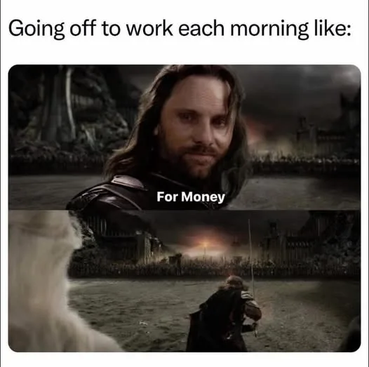 The meme features two panels from 'The Lord of the Rings'. The top panel shows Aragorn looking determined with the text 'For…
