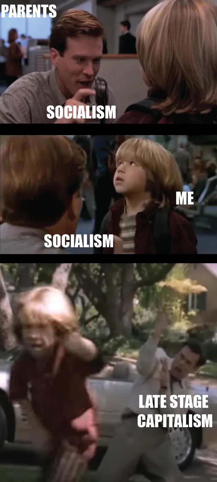 A three-panel meme using scenes from 'The Parent Trap' to depict a child's journey from naive belief in socialism to violent…