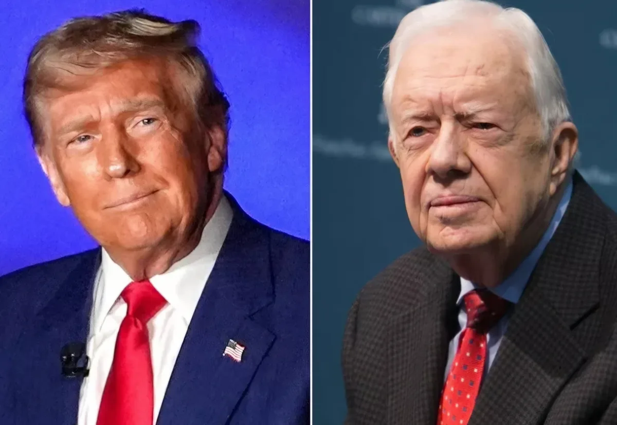 The image shows a side-by-side comparison of Donald Trump and Jimmy Carter. Trump is on the left, wearing a blue suit with a…