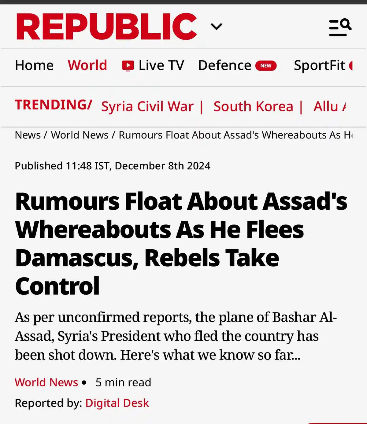 A screenshot of a fake news article from the website 'REPUBLIC' with a headline reading 'Rumours Float About Assad's…