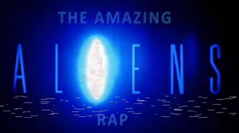 The image displays a stylized title card with glowing blue text reading 'THE AMAZING ALIENS RAP' against a dark background…