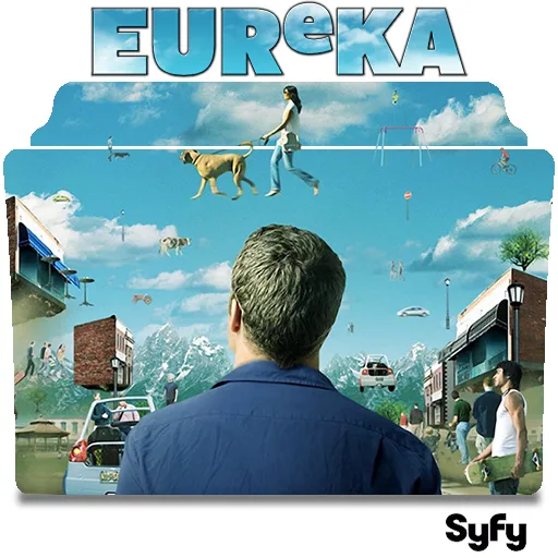 A man in a blue shirt looks up at a surreal sky where everyday objects like cars, dogs, and people float among clouds, with…