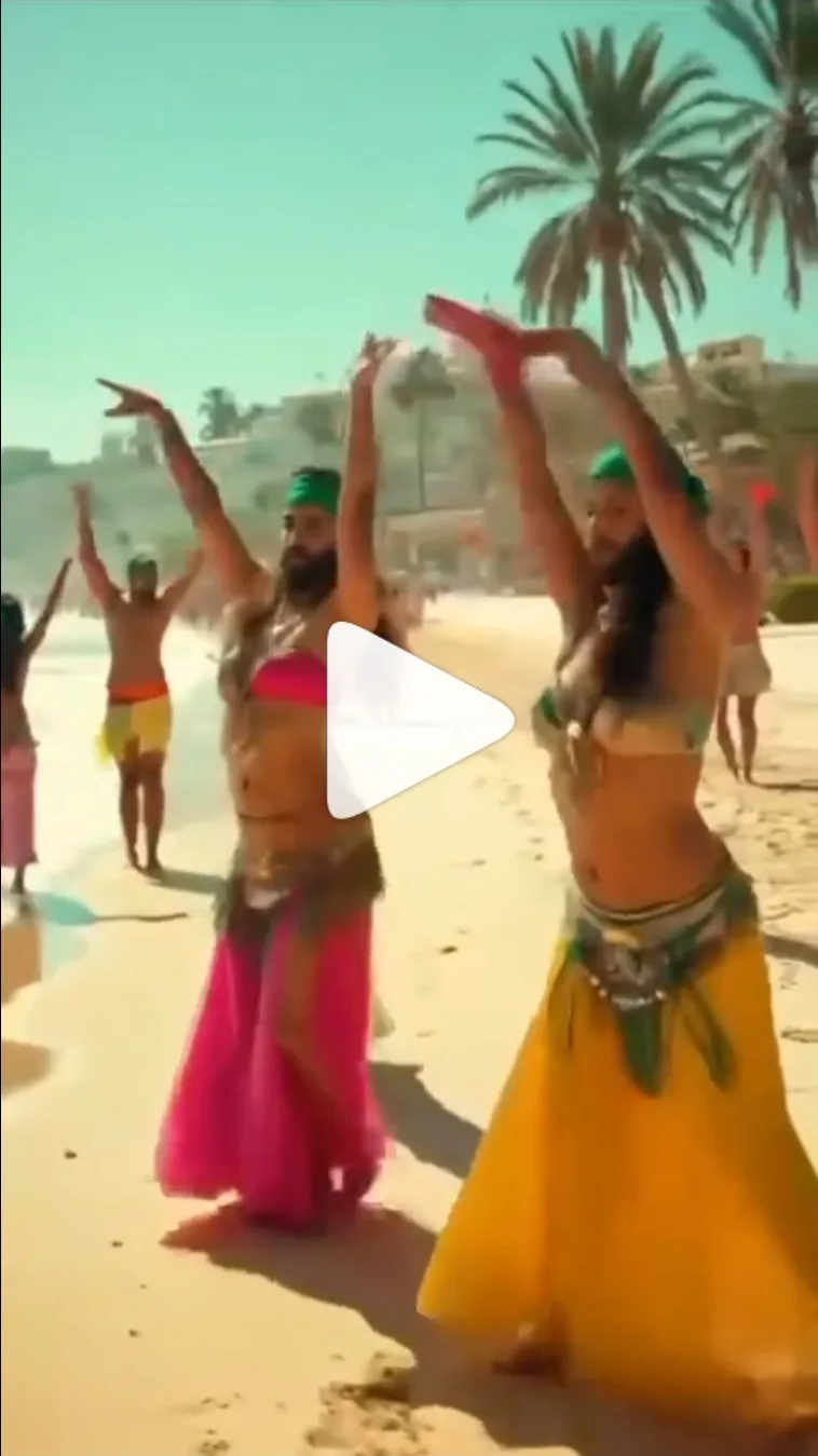 A man with a beard and green headband dances on a beach in a pink belly dancer outfit, mirroring a woman in a yellow skirt…