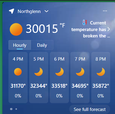A weather app screenshot for Northglenn shows absurdly high temperatures like 30015°F, with hourly forecasts ranging from…