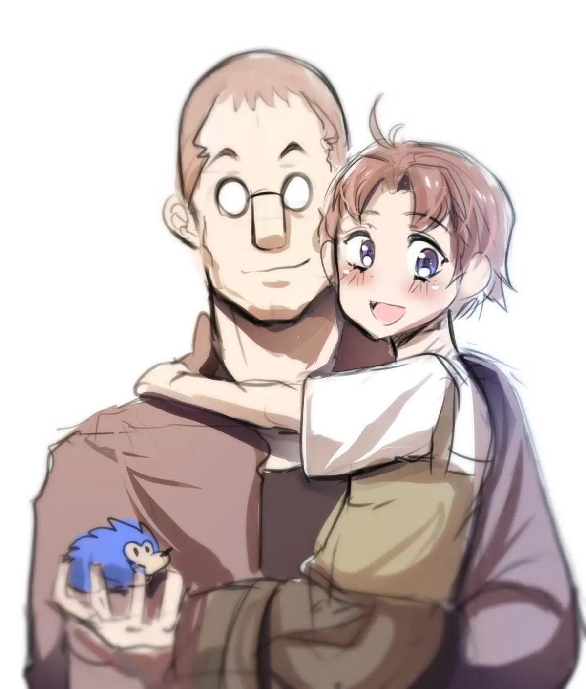 An anime-style illustration shows a bald man in a brown robe holding a small blue hedgehog plushie in his left hand, while a…