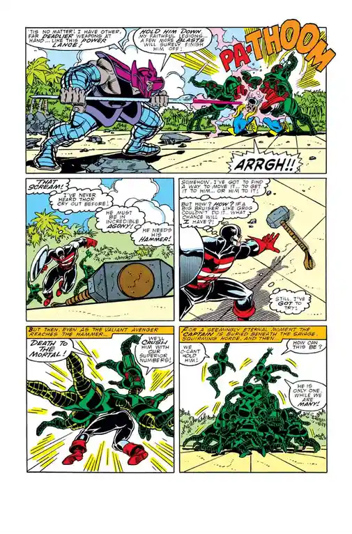 A comic book panel sequence shows Thor being attacked by green-armored soldiers while Captain America desperately tries to…