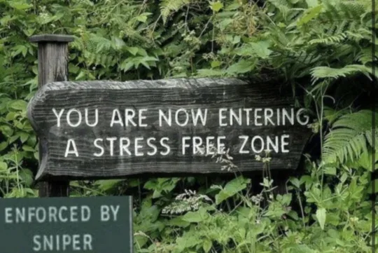 A weathered wooden sign in a lush green, overgrown area reads 'YOU ARE NOW ENTERING A STRESS FREE ZONE'. Below it, a smaller…