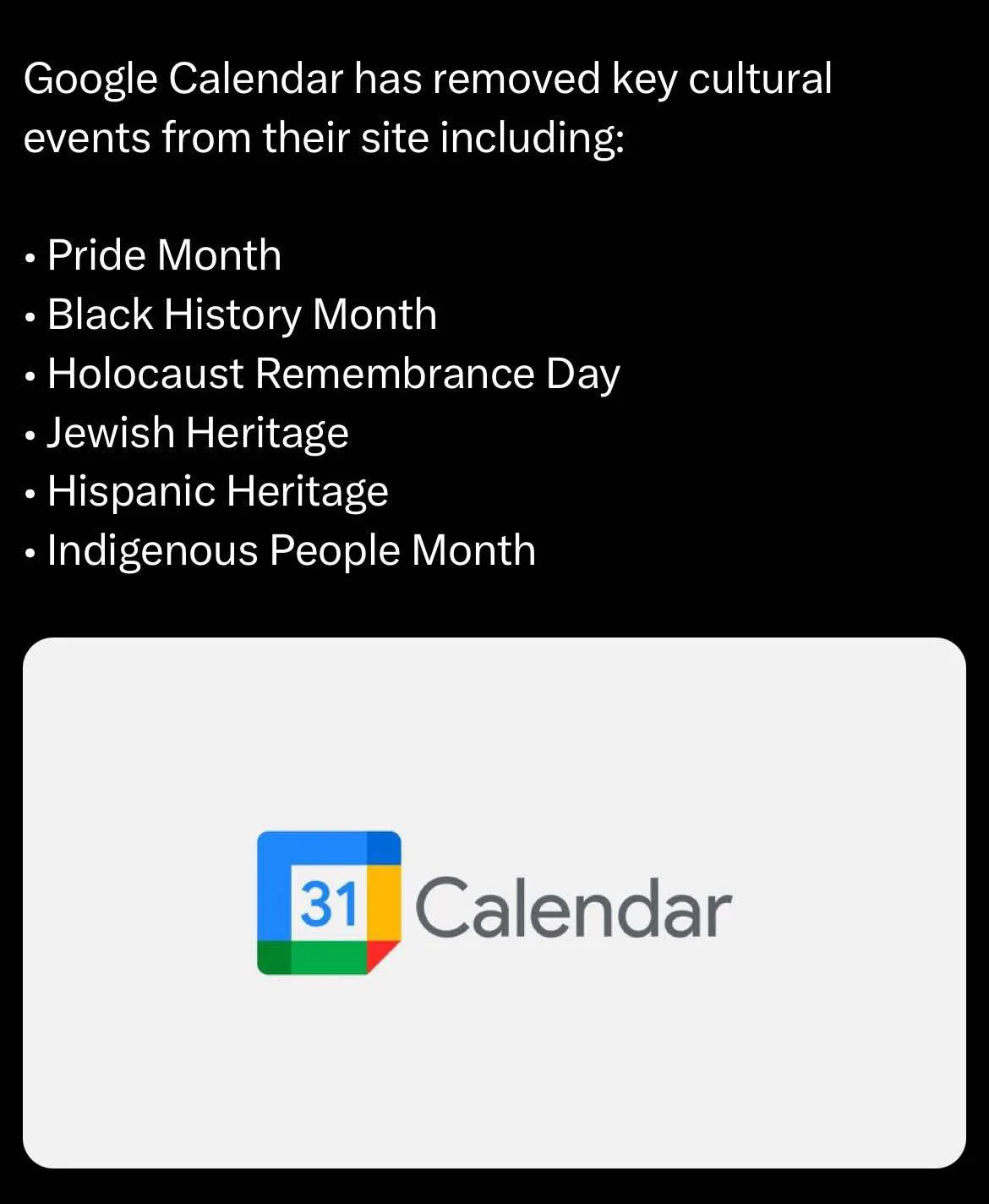 The image displays a black background with white text listing several cultural observances that are humorously claimed to…