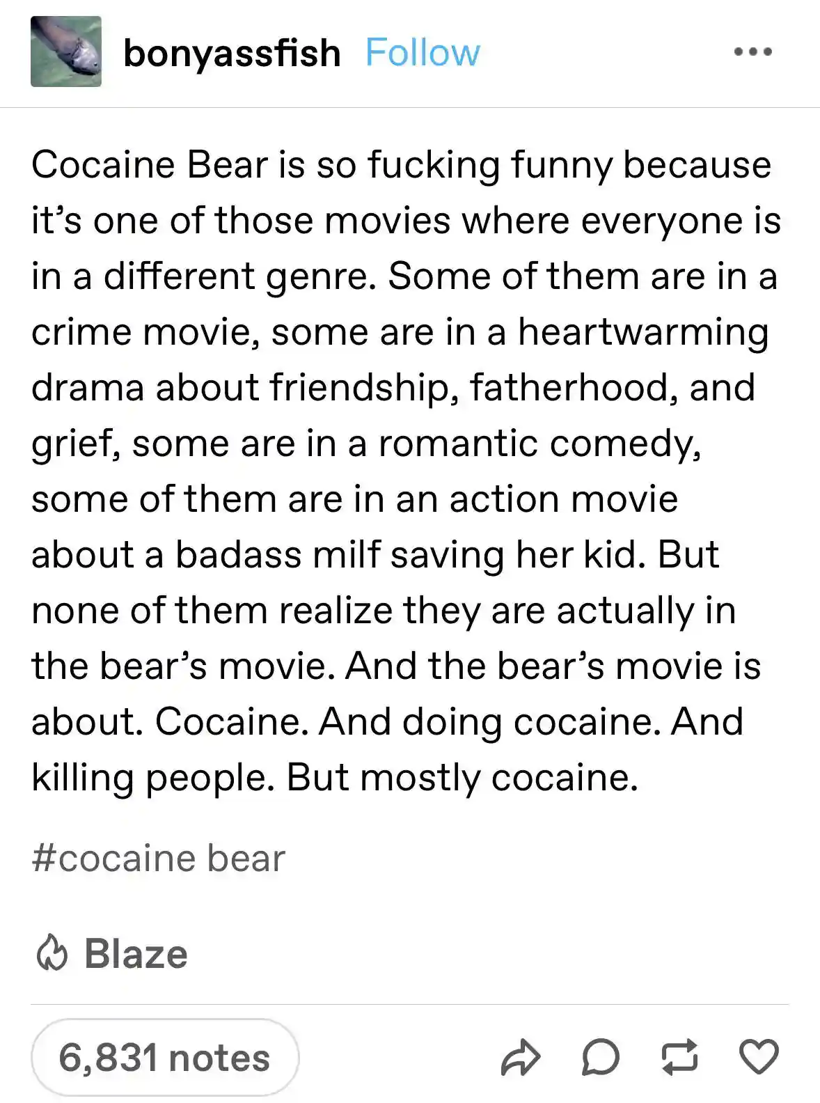 The image displays a Tumblr post by user 'bonyassfish' with a lengthy text overlay that humorously describes the movie…