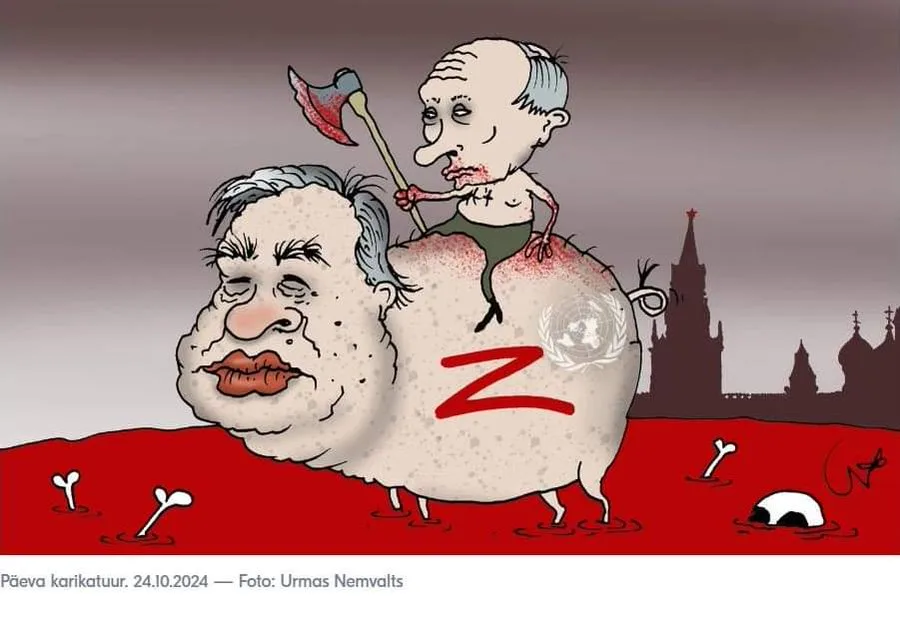 A cartoon depicts a caricature of Vladimir Putin riding atop a giant, wounded sheep with a red 'Z' and UN emblem on its…