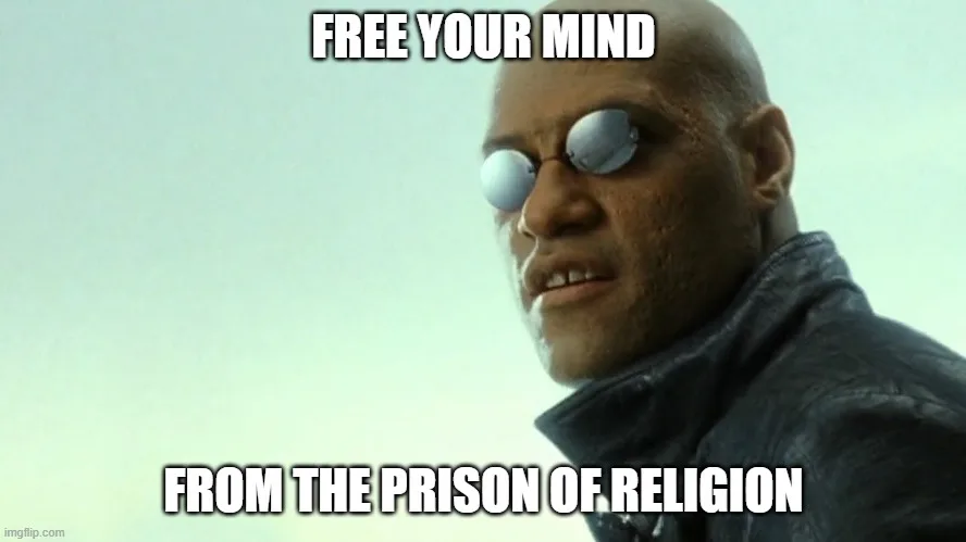 A close-up of Morpheus from The Matrix, wearing his signature round sunglasses and dark leather jacket, looking intently at…